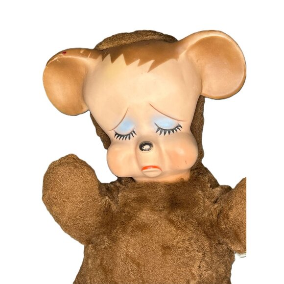 READ Vintage Knickerbocker Pouting Bear Plush Sad Plastic Face Doll 1959 12x11 - Picture 2 of 10